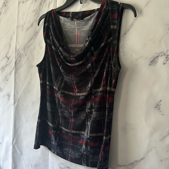 NINE WEST - DRAPED NECK SLEEVELESS BLOUSE TOP PLAID DARK BLUE WOMENS MEDIUM - Picture 7 of 9